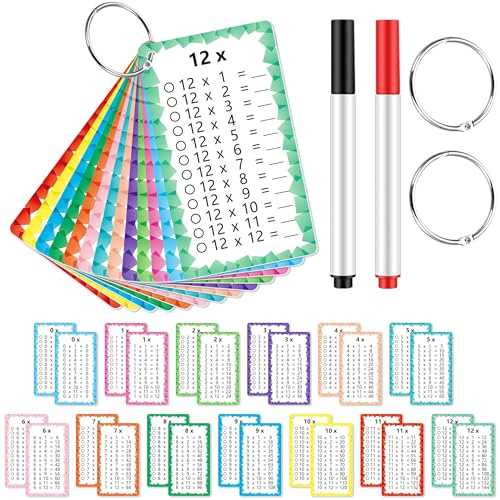 INKNOTE 1 Set of 13 Multiplication Flashcard Math Game Times Table Flash Cardstock with 2 Dry Erase Markers and 2 Rings for Grades 1 to 3 Kids Fun Classroom Learning Supplies