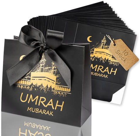 Umrah Mubarak Deko, 10 Stück Geschenktüten, Schwarz gold mit Schleife, Geschenktaschen, Gastgeschenk, Partytüten