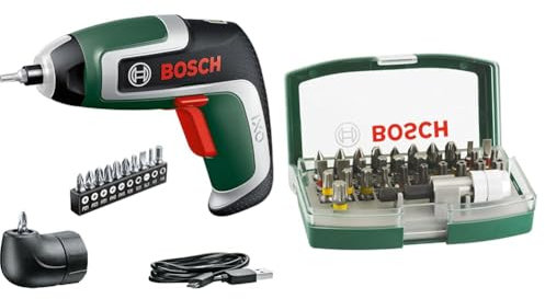 Bosch IXO Cordless Screwdriver (7th Generation, with Micro USB Cable, Incl. Angle Attachment, Screws up to 190 Screws, in Box) + 32pc. Screwdriver Bit Set (PH-, PZ-, Hex-, T-, TH-, S-Bit, Accessories)