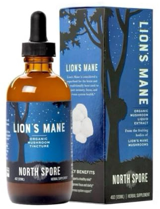 North Spore Organic Lion's Mane Mushroom Tincture (4 oz) | 100% Fruiting Body Extracts | for Focus, Memory, Brain Support | Certified Organic, Vegan, Non-GMO | Adaptogenic, Nootropic | Made in USA