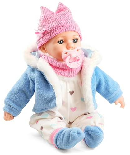 Bibi Doll 16'' Baby Girl Doll Louise with Sounds & Dummy - Soft Body Realistic Baby Doll in Blue Coat, Vinyl Limbs, Lifelike Blue Eyes Toy for Boys & Girls Aged 18 Months+