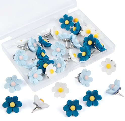 Decorative Push Pins,30pcs Flower Push Pins for Cork Board Blue Thumb Tacks Cute Push Pins Fun Thumb Tacks Decorative for Photo Wall, Feature Wall,Map, Bulletin Board, Office or Home