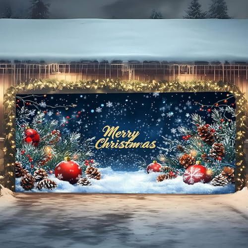 Grande décoration de porte de garage de Noël, bannière de porte de garage de Noël 2024, décoration murale extérieure pour porte de garage (B, 240 x 210 cm)