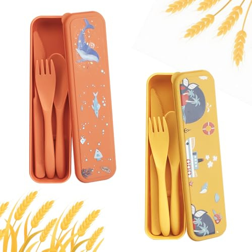 DIYJEP 2 Sets Travel Cutlery Set with Case, Reusable Plastic Knife Fork Spoon Camping Tableware Set with Cute Patterns, Portable Cutlery for Home Travel School Daily Use (Orange + Yellow)