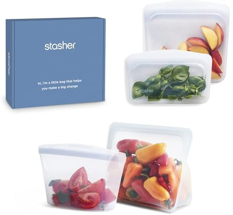 Stasher Silicone Reusable Storage Bags, 4-Pack Starter Kit, Reusable Freezer Bags, Microwave, Dishwasher, Oven Safe, Sous Vide, Premium Lunch Containers, Eco Friendly, Food Storage Bags, Clear