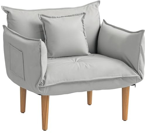 HOMCOM 2-in-1 Sessel, Polstersessel mit Verstellbarer Rückenlehne, Gepolstert Einzelsessel mit Kissen, Holzbeine Loungesessel für Wohnzimmer, Mikrofasertuch, Hellgrau