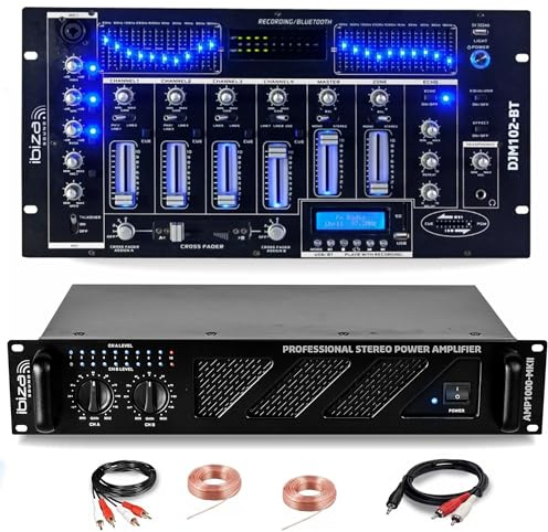 Ibiza - DJ-Sound-Set Ibiza Sound AMP1000-MKII 1600W - Bluetooth-Mischpult DJM102-BT USB Jack XLR - RCA-Klinken-Lautsprecherkabel inklusive