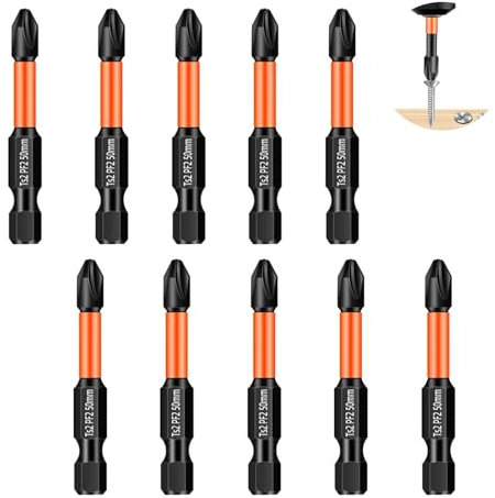 10PCS PZ2 50mm Impact Duty Screwdriver Drill Driver Bits, Professional Anti-Slip Strong Magnetic Phillips Pozidriv Pozi-Drive 2 Screwdriver Bits for Mechanical Repair, Single Ended 1/4 Hex Shank