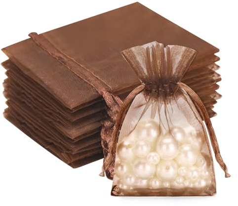 G2PLUS 50PCS Bolsas Organza Marrón: Bolsas de Organza de Regalo con Cordón 7×9CM para Boda Favores Joyas y Dulces