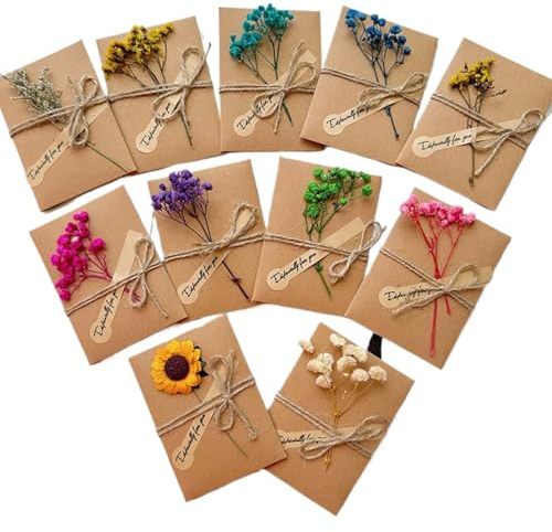 Tarjetas de Felicitación con Flores Secas, Postales Vintage (Postales 3D Decoradas con Papel Kraft Retro para Cumpleaños, Bodas y Navidad, Incluye Dos Tamaños de Tarjetas de Felicitación y Sobres)