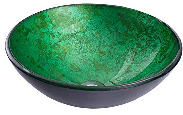 Lavabo de baño Redondo de Vidrio Templado Verde, instalación sobre encimera, lavabos de tocador artísticos Modernos con desagüe emergente y Grifo de Cascada (Lavabo Individual)