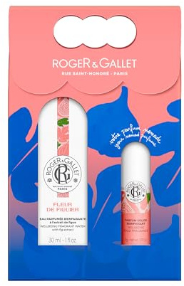 Roger & Gallet - Coffret cadeau Eau Parfumée Bienfaisante Fleur de Figuier 30ml et Parfum Solide - Cadeau Femme - Senteur Fraîche et Relaxante aux Notes Fruitées et Florales