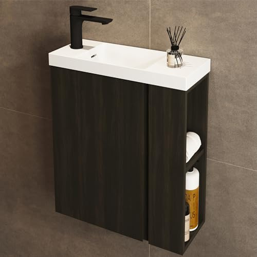 JINDOLI Waschbecken mit Unterschrank 55 cm - Badmöbel Set mit 2 Tier seitliche Ablagen außen & Haken, Vormontiert Waschbeckenunterschrank Klein für Bäder, Gäste WC (Schwarz)