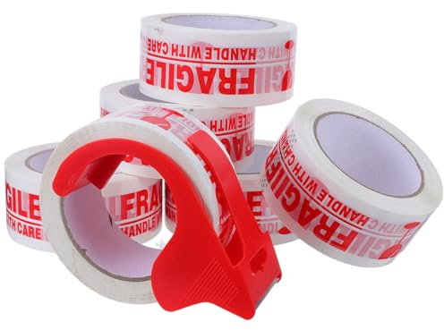 VILLCASE Nastro Adesivo Fragile con Dispenser Rosso, Set da 6 Pezzi per Imballaggio e Spedizione, Etichette di Avviso per Pacchi Fragili, Soluzione Professionale per Ufficio, Magazzino