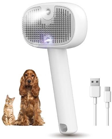 Spazzola a Vapore per Cani e Gatti,3-in-1 Luce UV Igienizzante, Setole Arrotondate, Rimozione Pelo Morto e Nodi, Batteria 500mAh Ricaricabile USB, Kit Toelettatura Professionale, Bianco