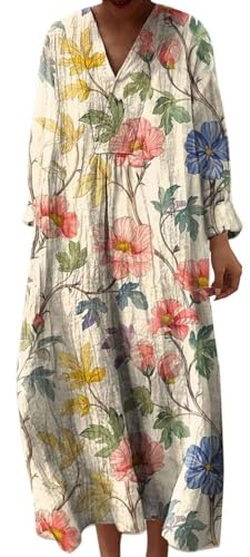 Vestido Boho Mujer Verano Largo Chic Manga Larga en V Floral Holgado Vestido Tallas Grandes Elegante Fluida Casual con Bolsillos Vestido Suelto Vintage para Entretiempo y Playa Vacaciones
