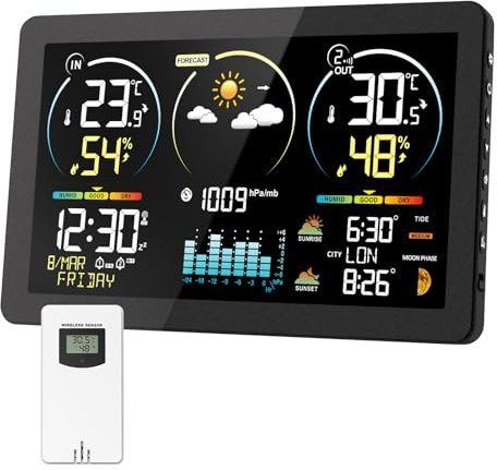 Station Météo Intérieur Extérieur Sans Fil avec 1 Capteur Extérieur | Thermomètre Hygromètre Digital, Écran LCD Couleur, Horloge Radio-commandée, Réveil Snooze, Calendrier, Prévisions Météo