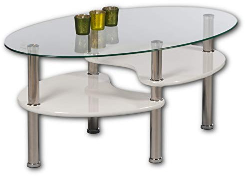 Stella Trading PANTY Couchtisch Glas oval mit zwei Ablagen in Hochglanz weiß - geräumiger Glastisch für Ihren Wohnbereich - 90 x 42 x 55 cm (B/H/T)
