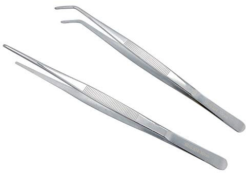 2Pcs 30cm Straight Curved Kitchen Tweezers with Precision Serrated Tips, Extra Long 304 Stainless Steel Tongs for Garden Aquarium Medical Grilling Cooking BBQ Seafood and Reptile Feeding