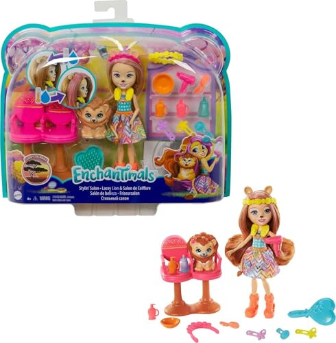 Enchantimals GTM29 - Friseursalon mit Lacey Lion Puppe (15 cm) & Manesy Tierfreundin-Figur aus der Sonnensavanne-Kollektion, kleine Puppe, tolles Geschenk für Kinder von 3 bis 8 Jahren