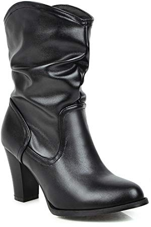 VOKLIN Women's Fashion Western Cowboy Slouch Ankle Boots Round Toe Chunky Block High Heel Dress Short Booties