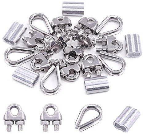 Swpeet 24Pcs M6 (1/4) Wire Rope Accessory Set, Included M6 Wire Rope Cable Clip Clamp, M6 Stainless Steel Thimble, 6mm Aluminum Crimping Loop Sleeve Perfect for 1/8 inch Wire Rope Cable (M6)