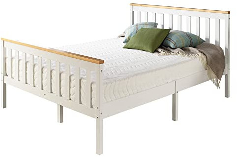 Aspire Beds Atlantic Solid Wood White Shaker Bed Frame with Natural Wood Highlights (Small Double (120 x 190 cm))