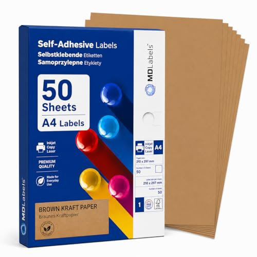MD Labels självhäftande kraftpapper A4-50 ark – brunt klistermärke – slätt kraftpapper