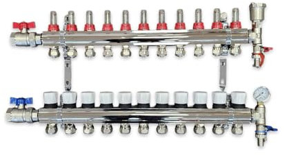 Wärmer System 11 Port Underfloor Heating Complete Manifold with Pipe Connections, Ball Valves, Automatic Air Vent and Pressure Gauge End Unit (16mm eurocones)