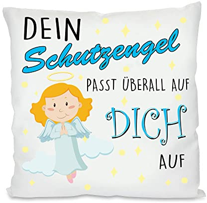 Dein Schutzengel passt Immer auf Dich auf| Geschenk Kissen Fotokissen | Motivkissen | bedrucktes Kissen | Baumwolle | Kissen | Kuschelkissen (mit Kissenfüllung, Blau)