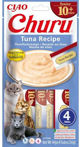 INABA Churu Senior Snack per Gatti Anziani con Tonno - 1 Pack (4 Stick x 14gr) - Cibo per Gatti Sopra i 10 Anni, con Omega 3, Taurina e Vitamina C & E, Snack Gatto Funzionale