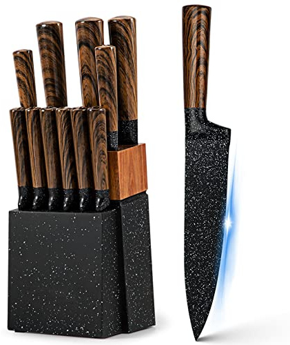 Vvwgkpk 12-Piece Kitchen Knife Set with Wooden Block,Professional Chef Knife Sets with steak knives,High Carbon German Stainless Steel Knife with Japanese Designed Wooden Pattern Stainless Handle