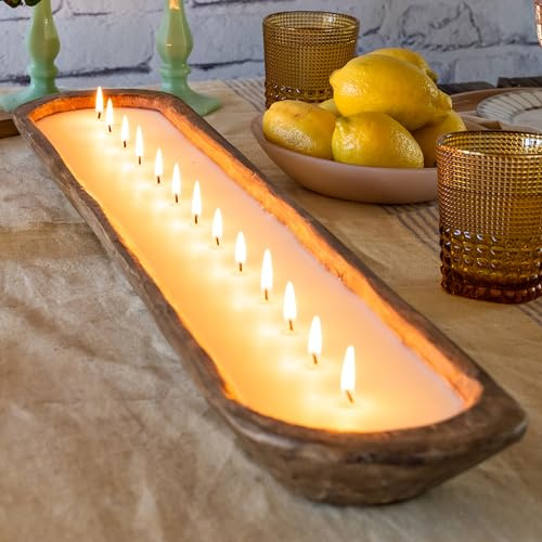 Wooden Dough Bowl Candles 30 Inch, Spanish Oak Farmhouse Dough Bowl Candles Table Centerpiece, Soy Candle, Wooden Candle Boat Bread