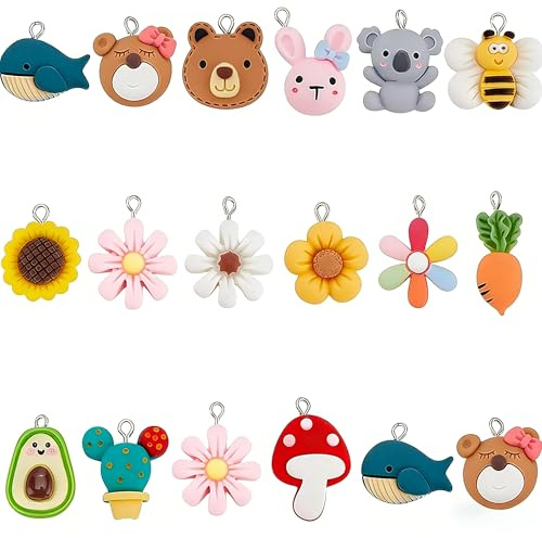 CHGCRAFT Harz-Charms, Cartoon-Charms, bunte Tier-Charms, Obst-Anhänger für Halsketten, Armbänder, Ohrringe, Basteln, 22 x 20 x 10,5 mm, Harz, Kunstharz, 32 Stück