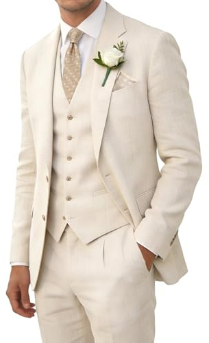 Costume rétro en lin pour homme, costume de plage, de mariage, d'été, coupe ajustée, 3 pièces, poids léger, veste gilet, pantalon, smoking, beige, Taille M
