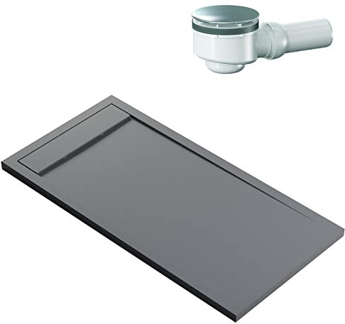BERNSTEIN Duschtasse 160x80 cm Betonoptik Flache Bauhöhe, Duschwanne aus Mineralguss, Rechteckiges Duschbecken mit Gefälle, Mineralguss-Duschwanne komplett inkl. Dallmer-Ablauf Orio