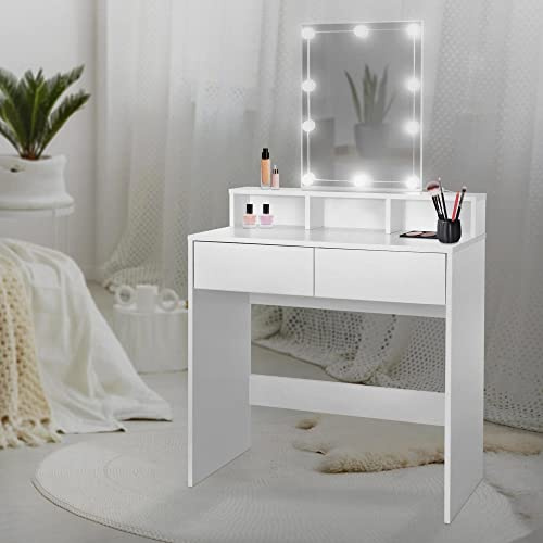ML-Design Schminktisch mit LED-Beleuchtung, Frisiertisch mit Spiegel und 2 Schubladen, 80 x 40 x 140 cm, Weiß, modern, Kosmetiktisch mit 3 offenen Fächern, Frisierkommode Schminkkommode Make-up Tisch