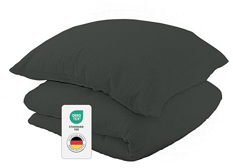 jilda-tex Bio-Bettwäsche Musselin Medina 100% Bio-Baumwolle Knitterlook Bügelfrei Uni Made in Green (Waldgrün, 155x220 + 80x80 cm)