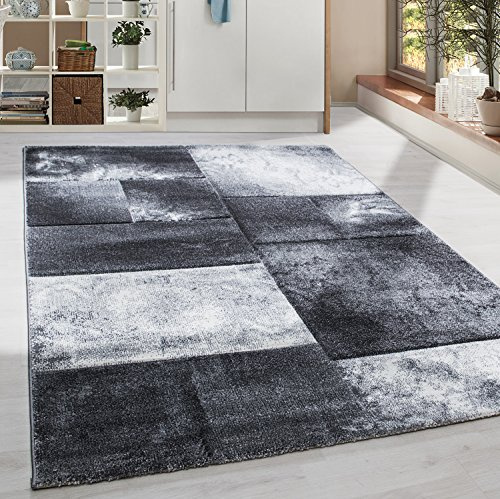 Homebyhome matta XXL 280x370 cm kort lugg konturskuren grå vit rutdesign extra mjuk tvättbar för stort vardagsrum eller matsal