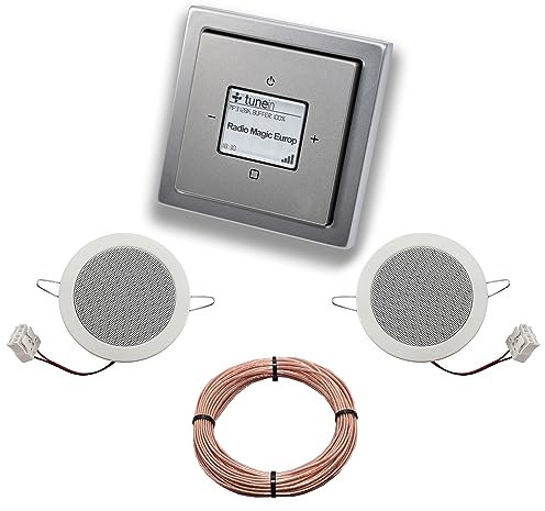 Busch Jäger iNet Internet Unterputz Radio 8216U PUR Edelstahl, Komplett-Set mit 2 x Deckenlautsprecher Einbaulautsprecher + 20 Meter Lautsprecherkabel 2x0,75 mm2 8216 U Internetradio