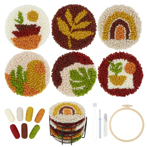 Temlum Punch Needle Coasters Kit, Punch Needle Embroidery Kit for Beginners and Adults Including Patterns, Tools, Yarns, Hoop, Instruction & Coaster Holder DIY Coaster Art Craft Supplies (Plant)
