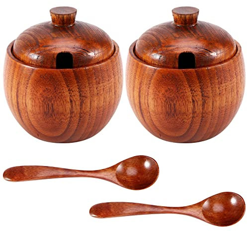 HLELU 2 Piezas de Tarro de Lata de Condimento TazóN de AzúCar con Tapa Cuchara Caja de Almacenamiento de de Madera Tarro de AzúCar Tarros de Sal Contenedor