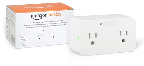 Amazon Basics Dual Smart Plug with Motion Sensor and Night Light, Works with Alexa Only, Control from Anywhere, Automatic Control, 2.4 GHz Wi-Fi, No Hub Required, 4.33 x 2.36 x 1.38 in, White
