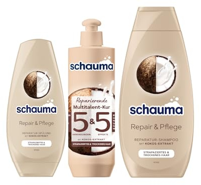 Schauma 5&5 Reparierende Multitalent-Kur (300 ml) Haarmaske & Schwarzkopf Reparatur-Shampoo Repair & Pflege (400 ml) Kokos-Extrakt & Spülung Repair & Pflege (250 ml) pflegt Haare