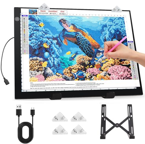 Zocelight A3 Light Pad for Diamond Painting Kit,4800Lux Super Bright 5mm Ultra Thin Diamond Art Light Board with Stand and Clip,3 Levels Dimming Light Box for Artists,Drawing,Sketching,Animation
