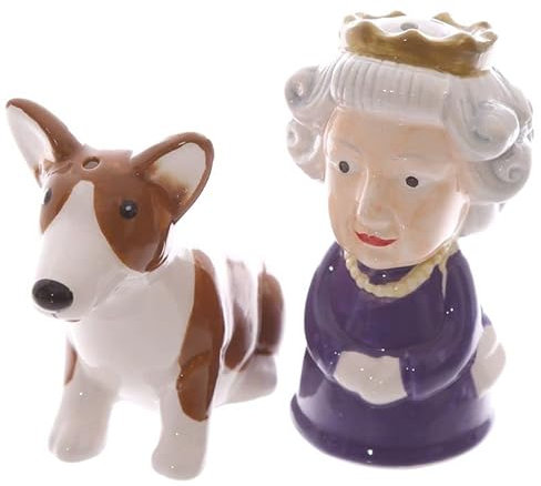 Salt and Pepper Shaker Set Novelty Ceramic Shaker Pots Pepper and Salt Cruet Set Spice Shaker Set Condiment Dispenser Seasoning Set for Home Kitchen Dining Table (British Queen & Corgi)