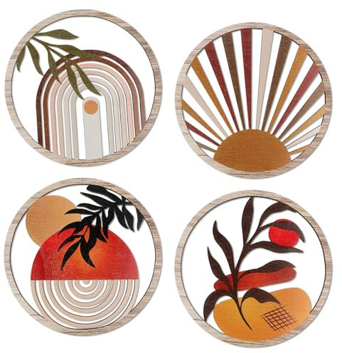 YiYa 4 Stück Holz Boho Wand Deko 3D Runde Bauernhof Wanddekoration Rustikale Wanddeko Holz für Wohnzimmer Bauernhaus Wohnzimmer Kinderzimmer