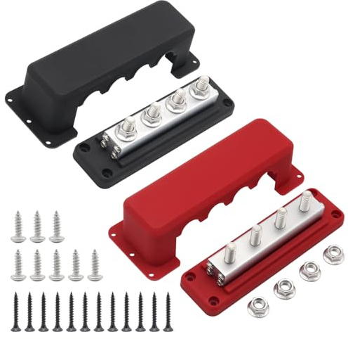Sammelschiene Kupfer 48V 600A Heavy Duty Busbars, 4x M10 Bus Bar Verteiler | 12V 24V DC Batterie Sammelschienen Klemmleisten 600 Amp für Kfz Wohnmobil Solar PV LKW Boot Marine, Rot& Schwarz 2 Pack