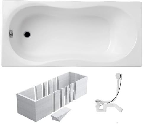 VBChome Badewanne 120x75 cm Weiß Acryl Wannenträger Styroporträger Siphon Rechteckig Wanne Abfluss Design Modern Ablaufgarnitur in Chrom Badewanne mit Wannenträger