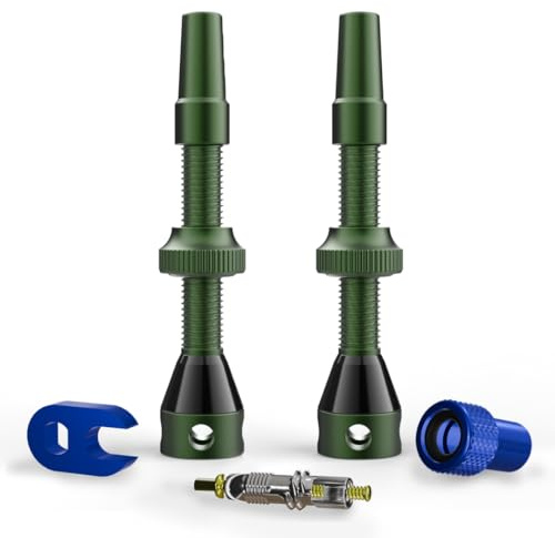 SHREDR. Kingpin Plus Tubeless Ventile Set | Presta Ventile für Schlauchlos-Reifen | französisches Ventil für Normale MTB Felgen | inkl. Ventil-Adapter, Ersatz-Ventil und Werkzeug. (dunkelgrün, 44mm)